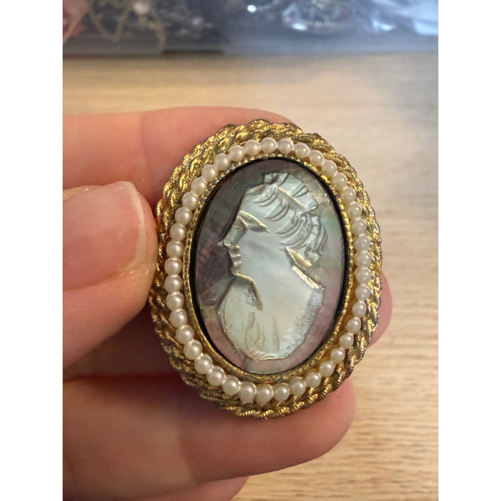 Vintage Mother of Pearl Cameo Brooch Gold Tone Faux‎ Pearl Border Oval Pin